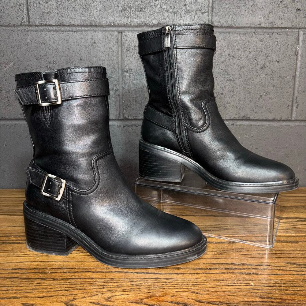 Vince Camuto Vergilia Black Leather Moto Ankle Boots Buckle Zip 8.5